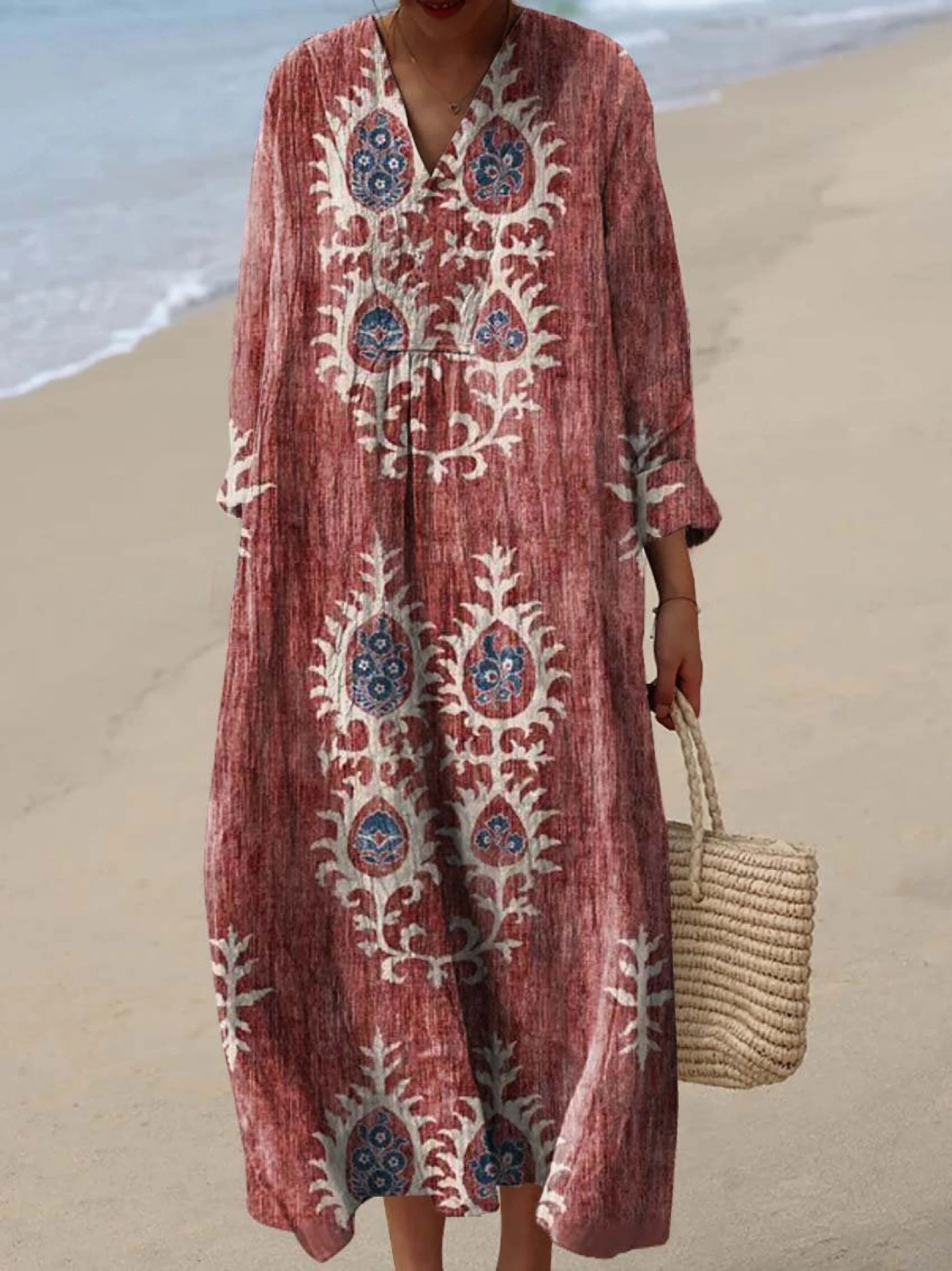 Paisley Print V-Neck Long Sleeve Maxi Dress 2