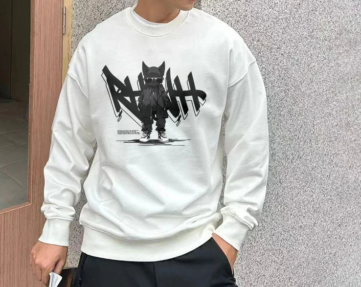 Anime Print Fleece Vintage Sweatshirt White gray / M(40-50KG)