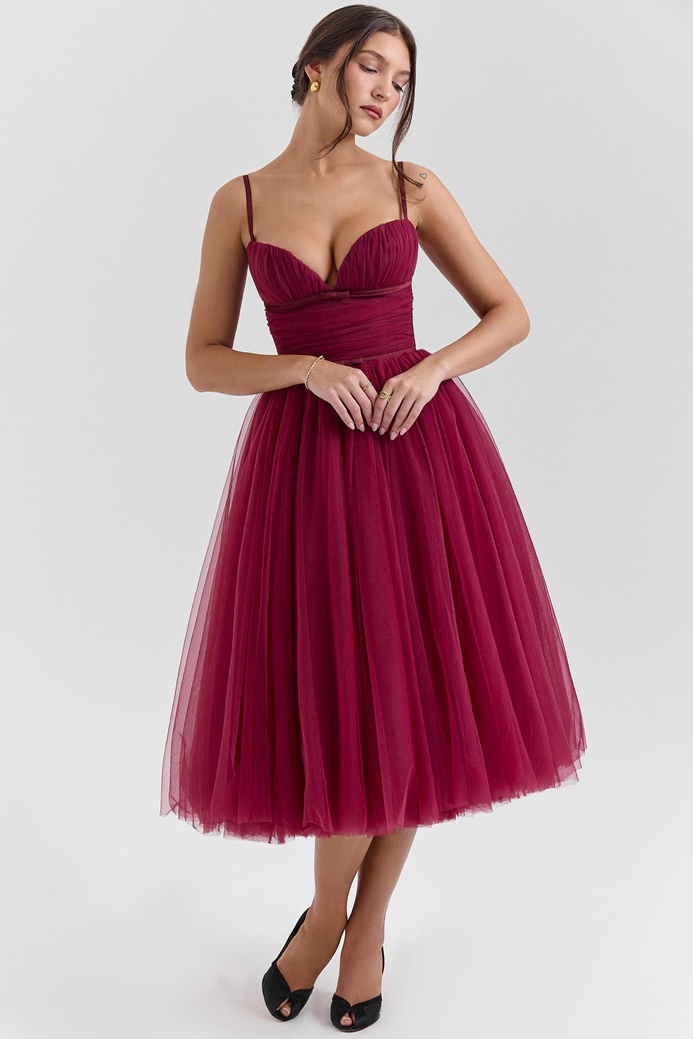 Tulle Sweetheart Spaghetti Strap Corset Fit and Flare Midi Dress - View 15