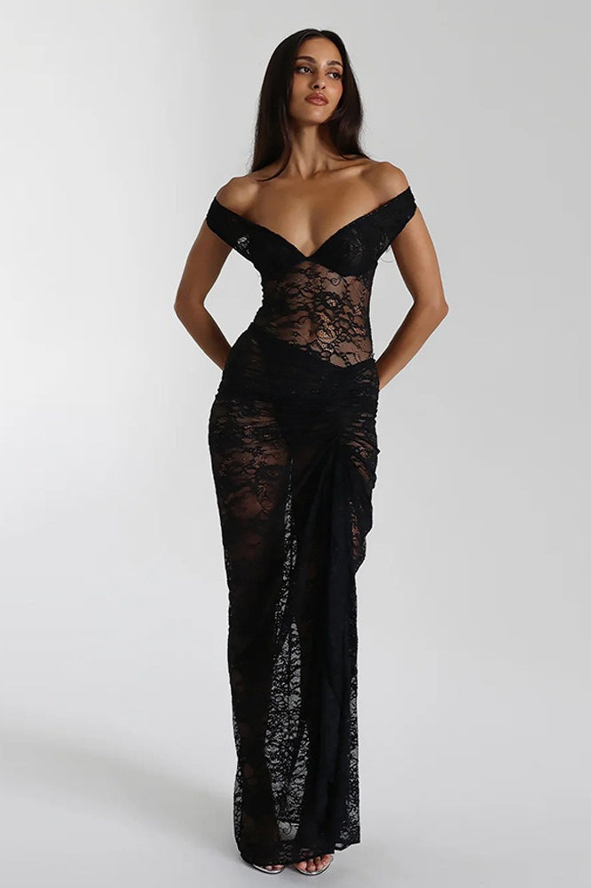 Backless Lace Ruched Bodycon Maxi Dress