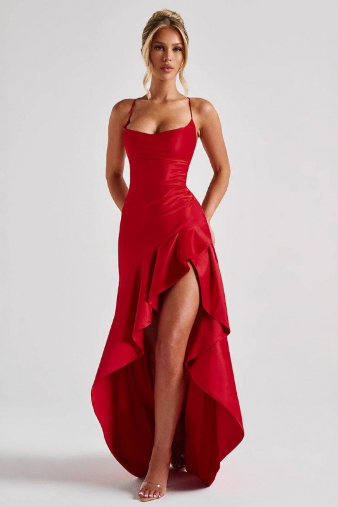 Satin Cowl Neck Lace Up Back Ruffle High Low Maxi Dress