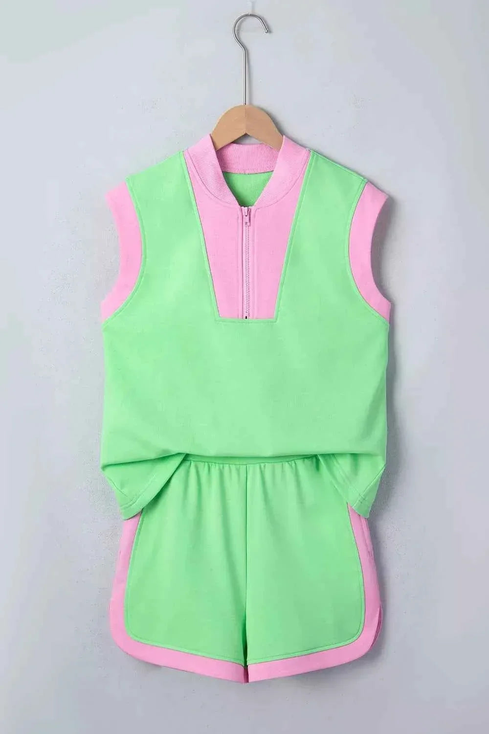 Color Block Accent Half Zip Top Shorts Set
