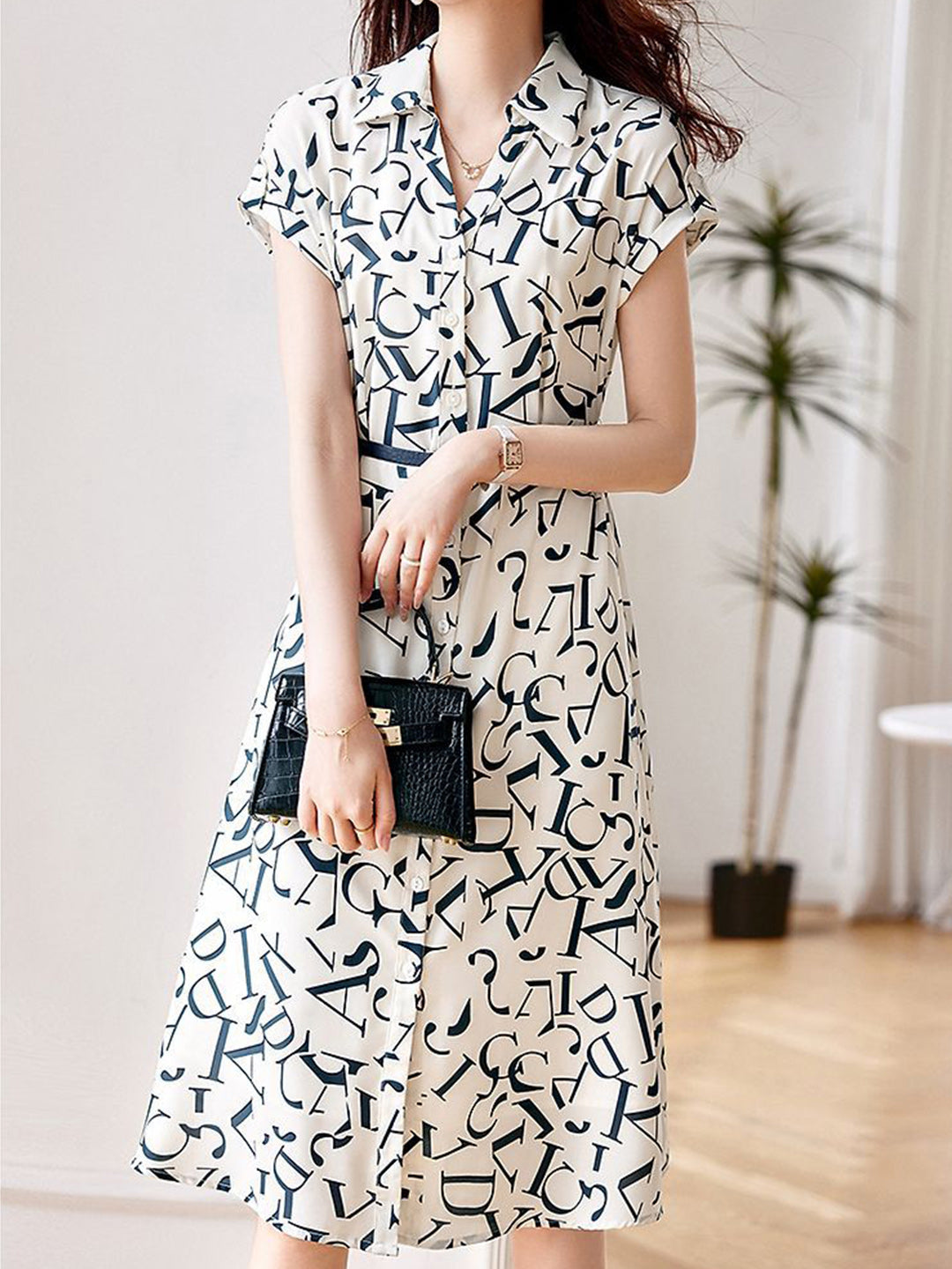 Letter Print Button Down Shirt Collar Cap Sleeve Belted Midi Dress - View 3
