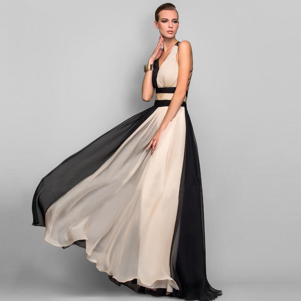Colorblock Chiffon V-Neck Pleated A-Line Maxi Gown - View 2