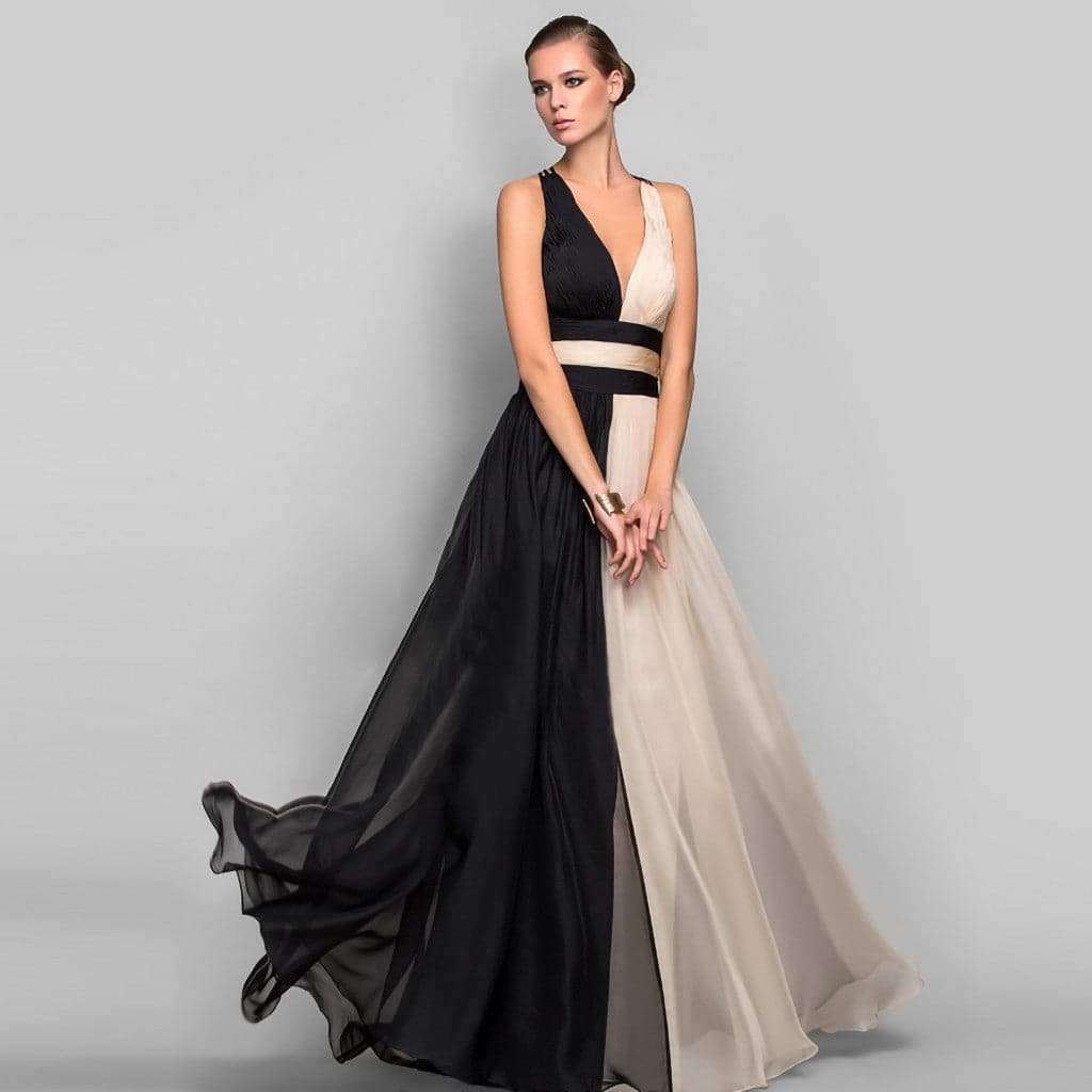 Colorblock Chiffon V-Neck Pleated A-Line Maxi Gown - View 7