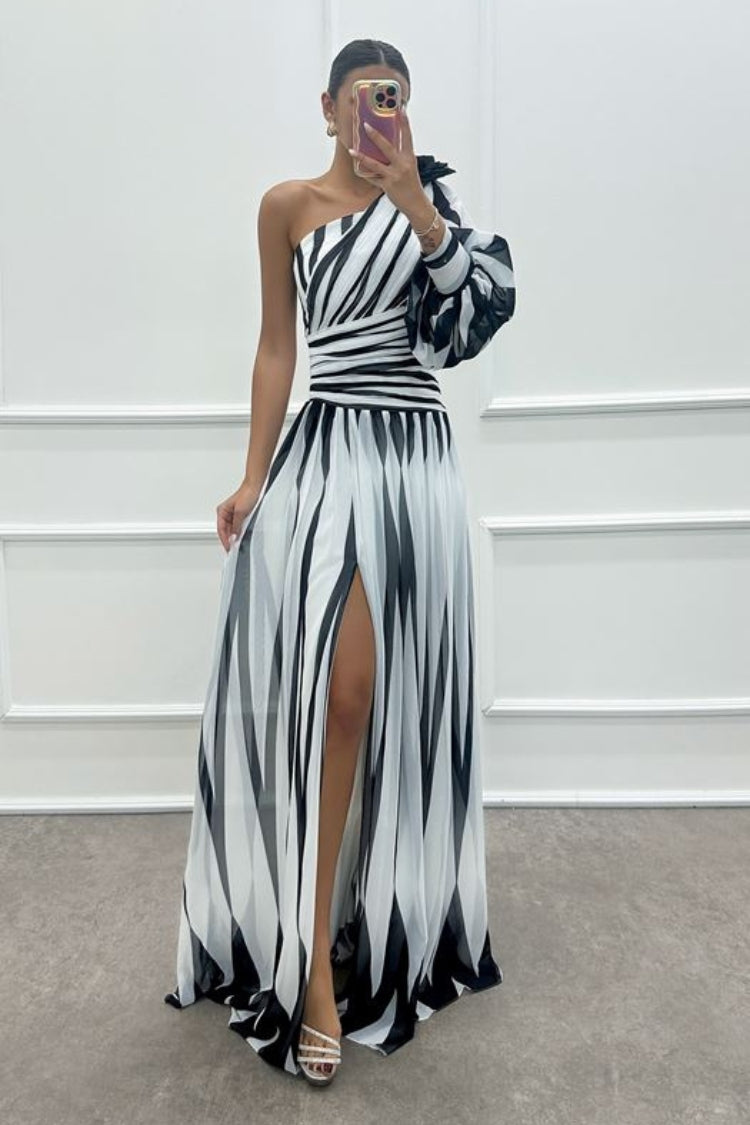 One Shoulder Puff Sleeve Ruched Waist Pleated High Split Maxi Gown