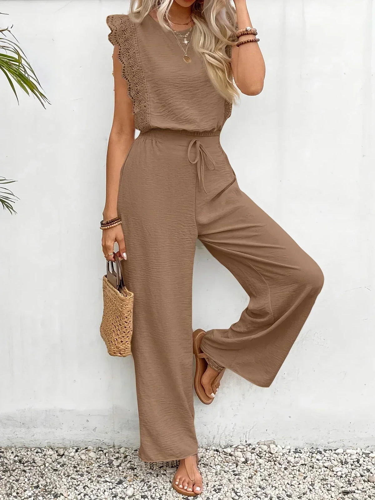 Round Neck Lace Trim Sleeveless Wide Leg Jumpsuit 27