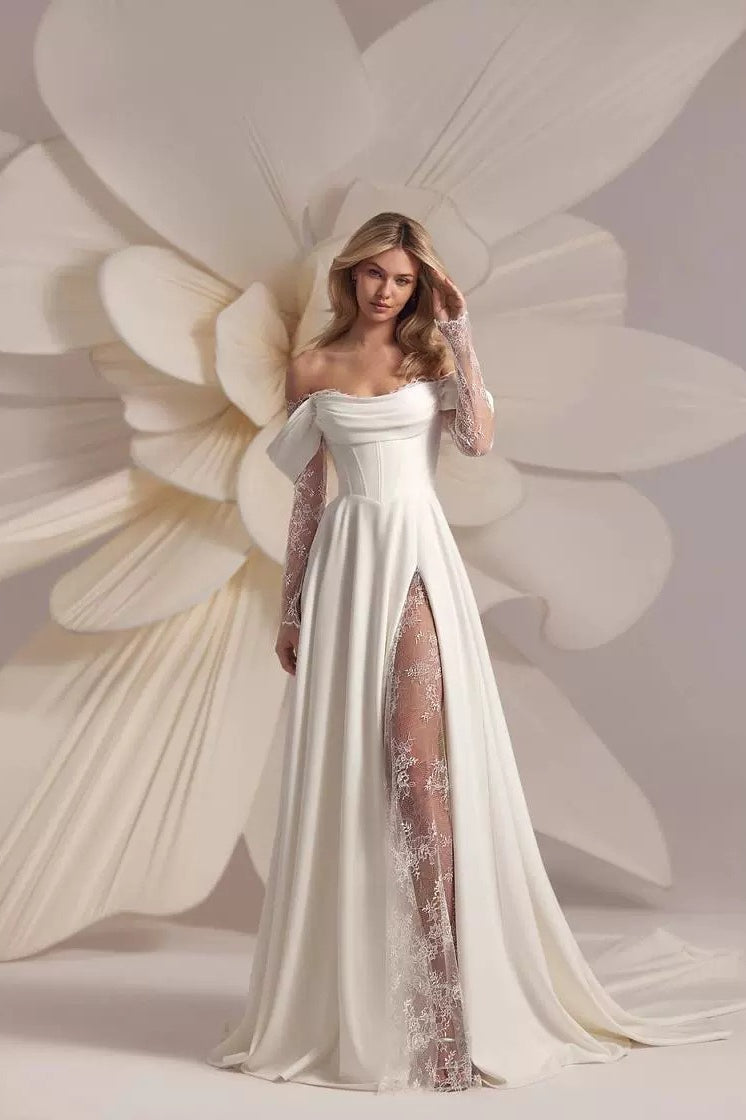 Off Shoulder Corset Lace Long Sleeve High Split A-Line Train Gown