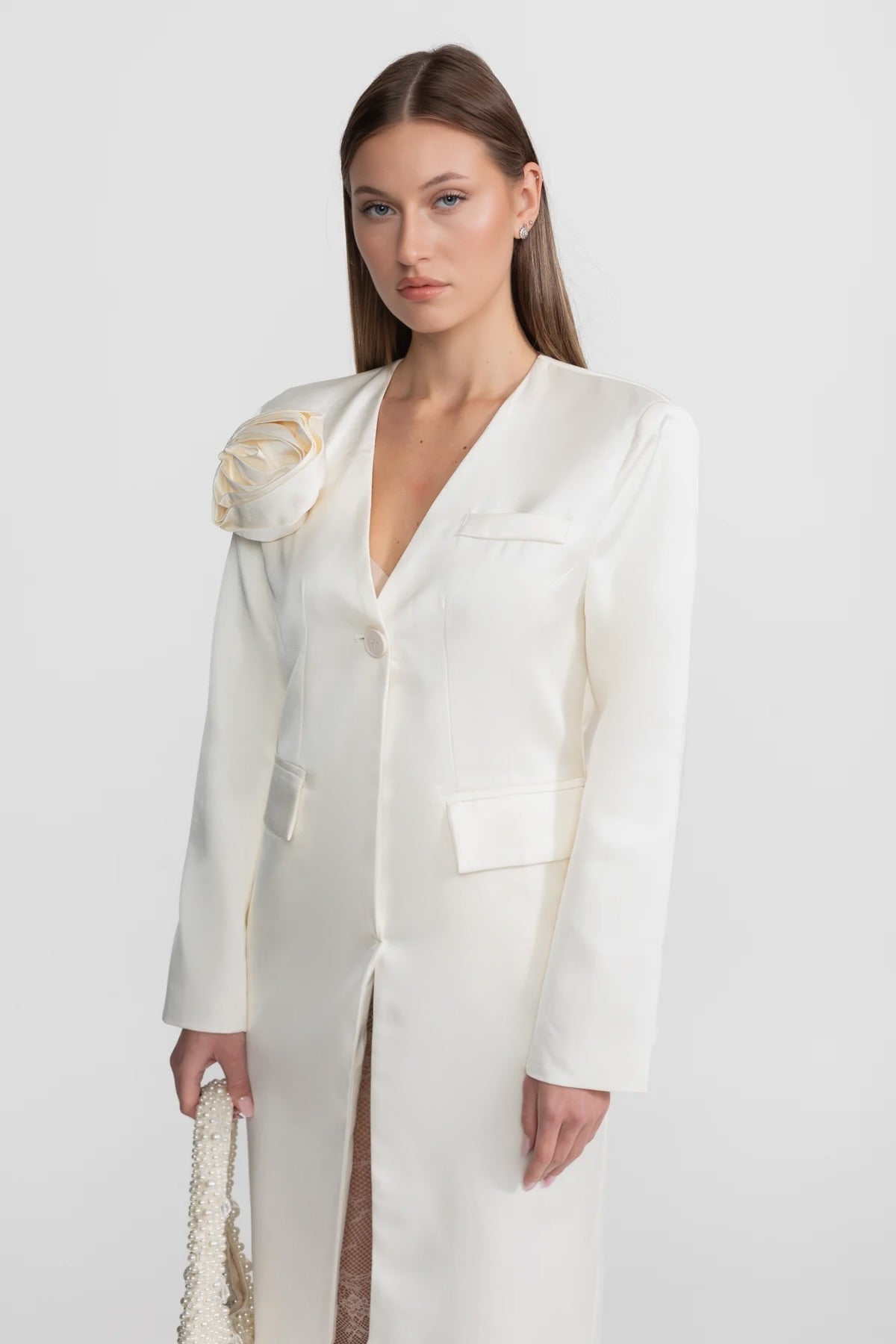 Deep V-Neck Rosette Applique Single Button Midi Blazer Dress - View 2