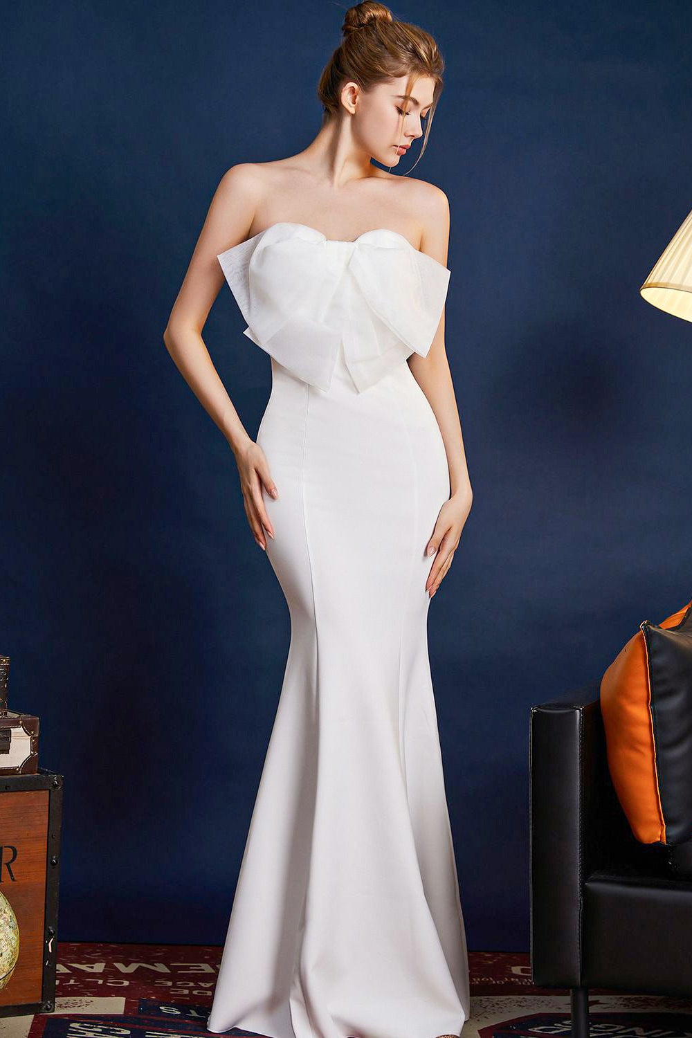 Strapless Organza Bow Bustier Mermaid Gown - View 2
