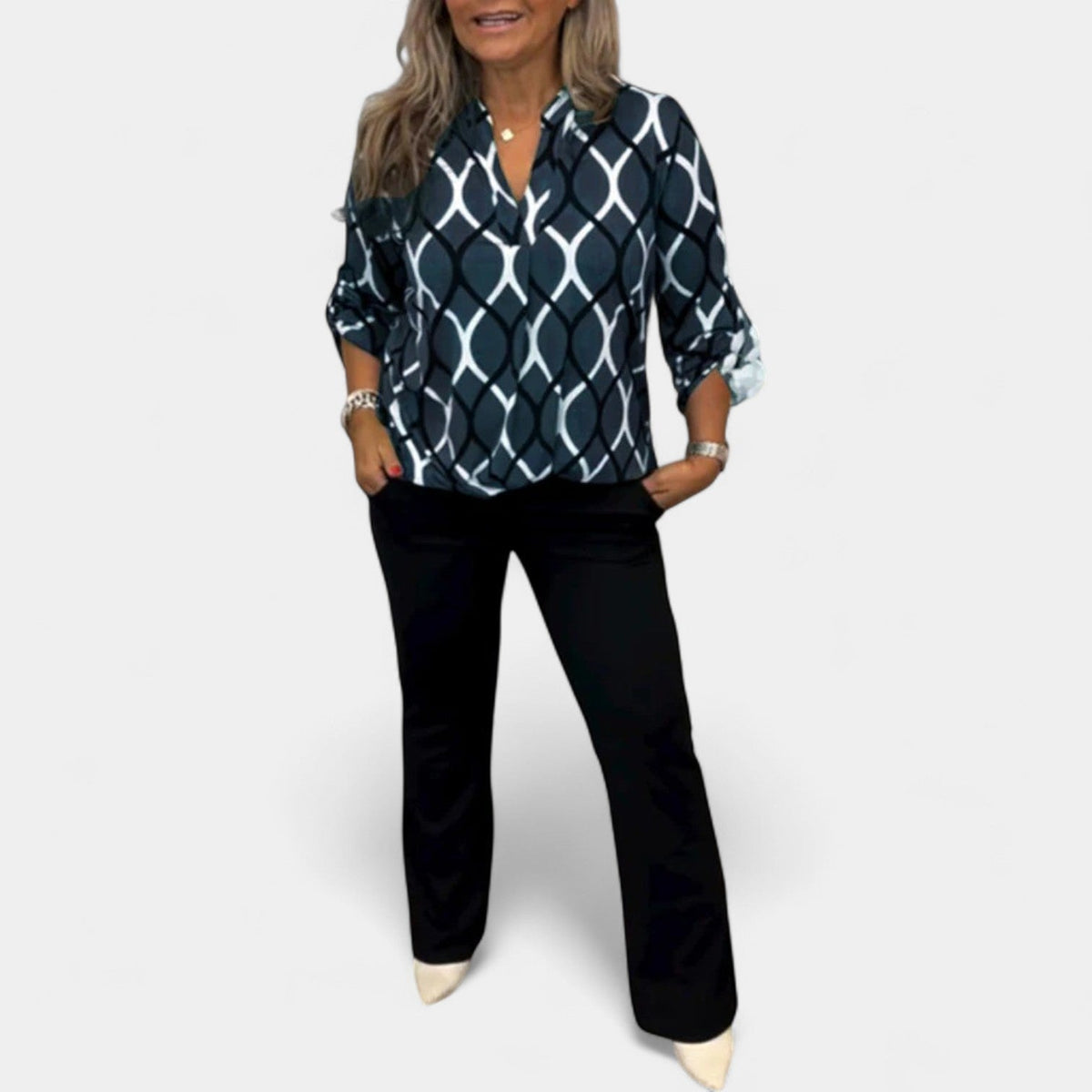 Geometric Print Collared Long Sleeve Blouse 3