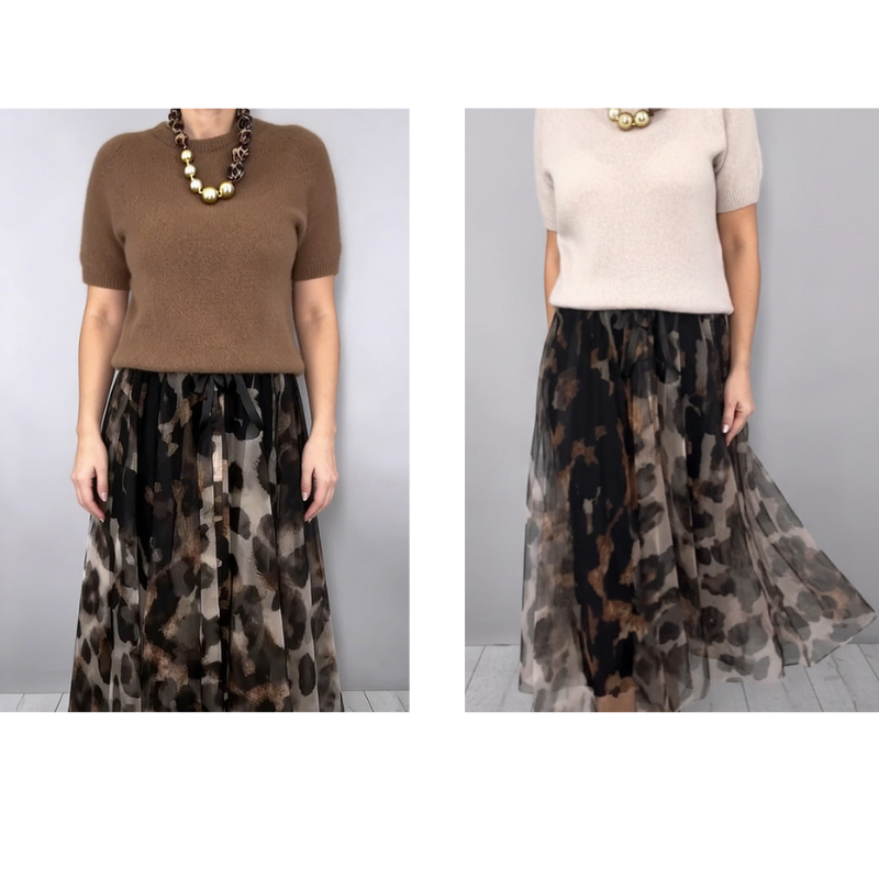 Short Sleeve Knit Top and Leopard Mesh Pleated Maxi Skirt Two Piece Set 9