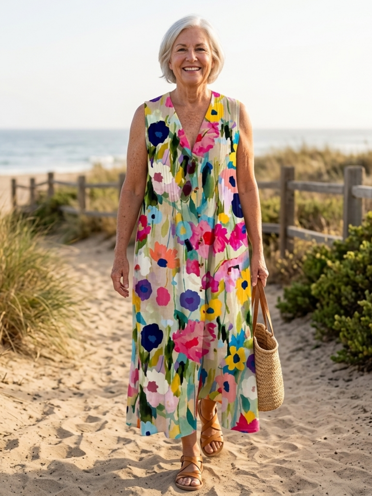 Watercolor Floral V-Neck Sleeveless Boho Maxi Dress