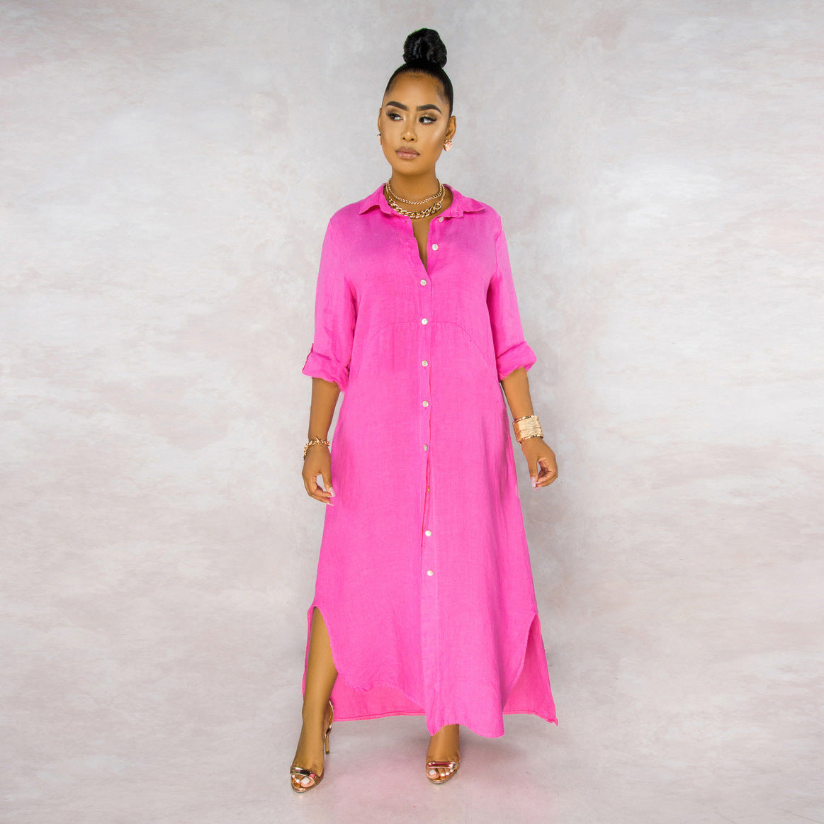 Button Down Collared Roll Tab Sleeve Box Pleat Maxi Shirt Dress - View 2