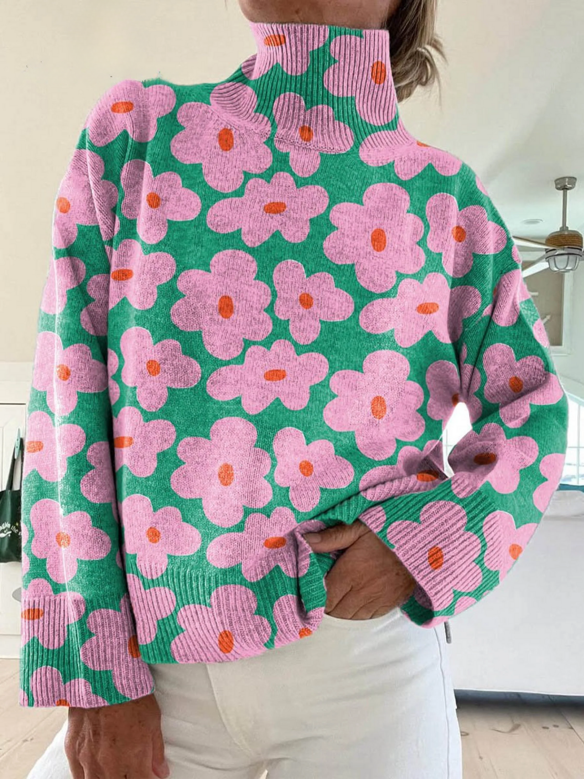 Mock Neck Floral Print Knit Sweater
