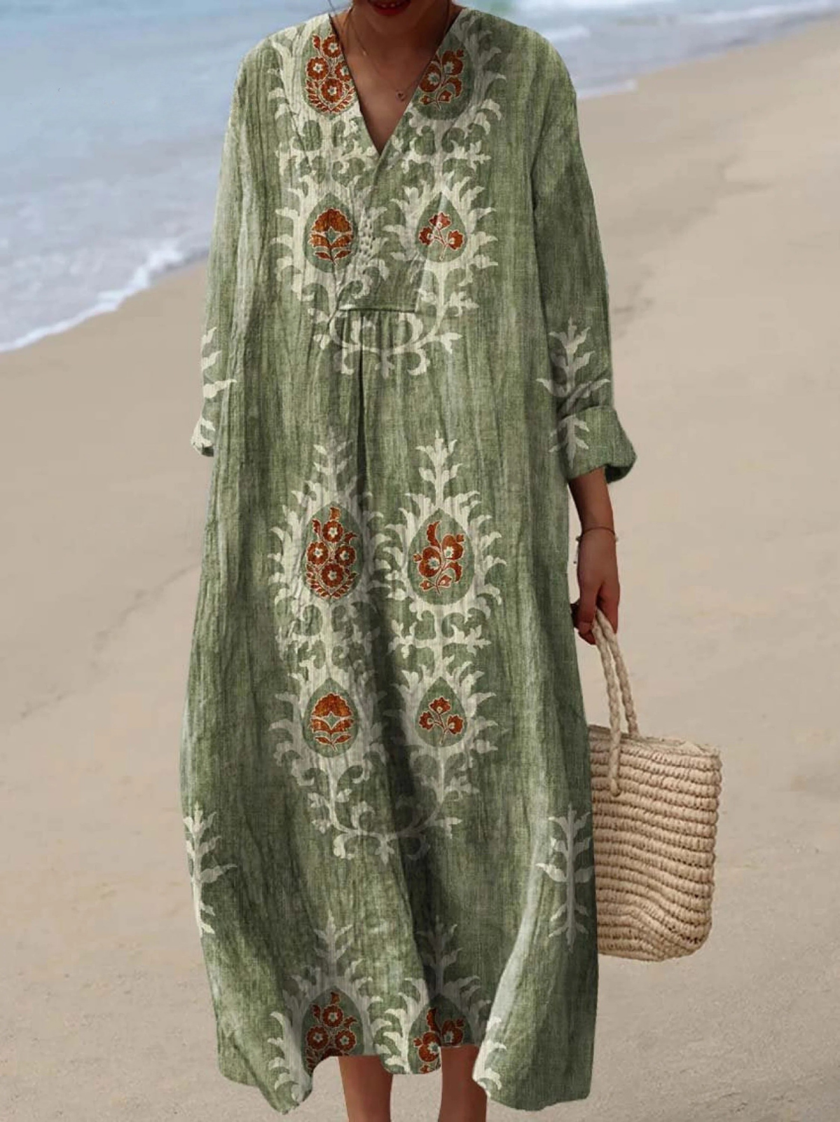 Paisley Print V-Neck Long Sleeve Maxi Dress