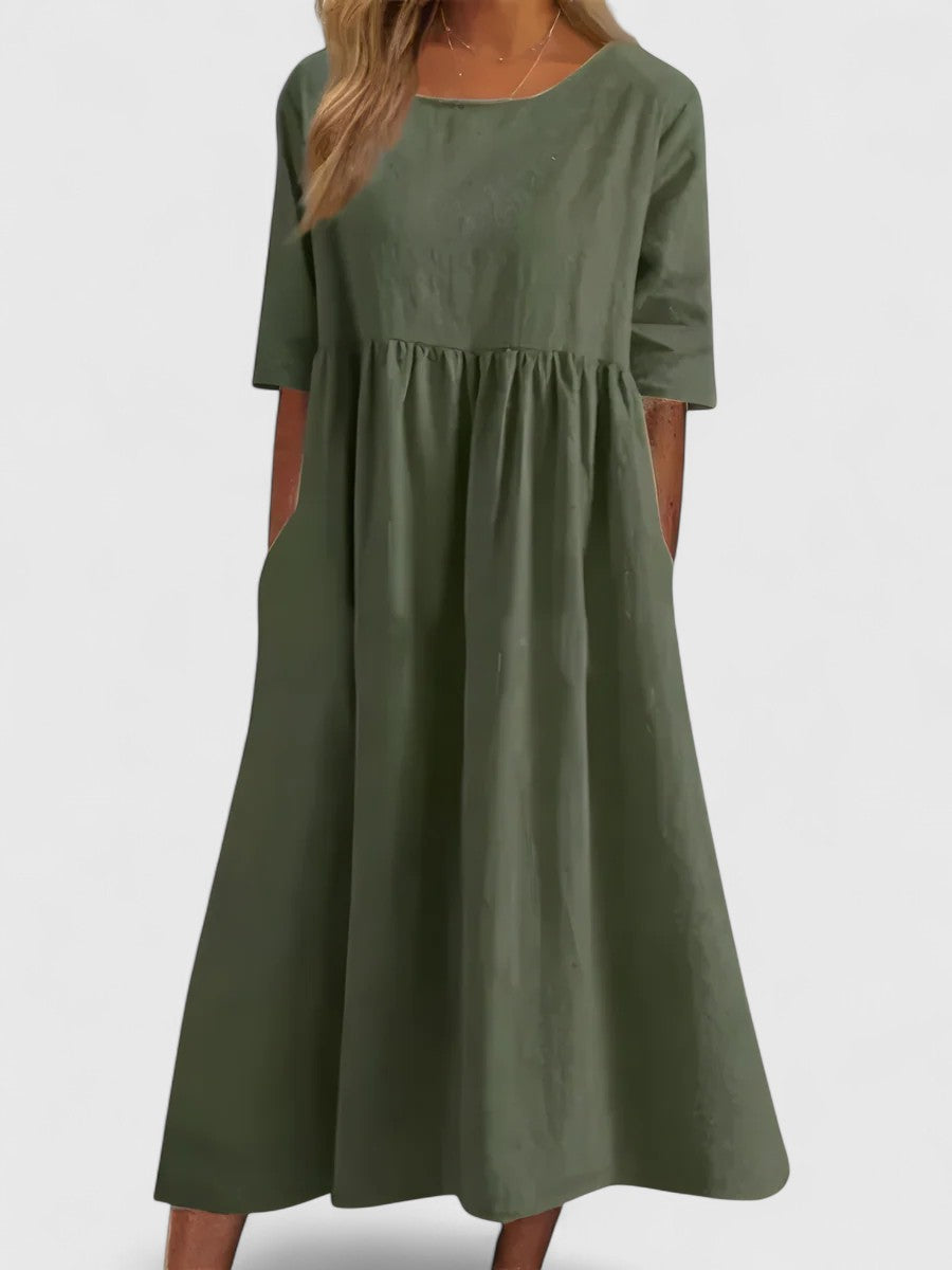 Scoop Neck Short Sleeve Pocket A-Line Midi Dress 4
