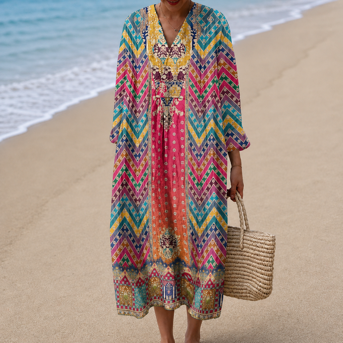Chevron Bohemian V-Neck Long Sleeve Kaftan Maxi Dress