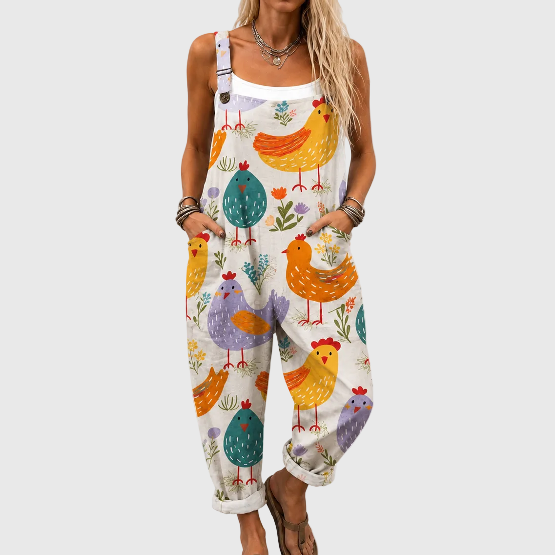 Chicken Print Sleeveless Wide Leg Overall Jumpsuit