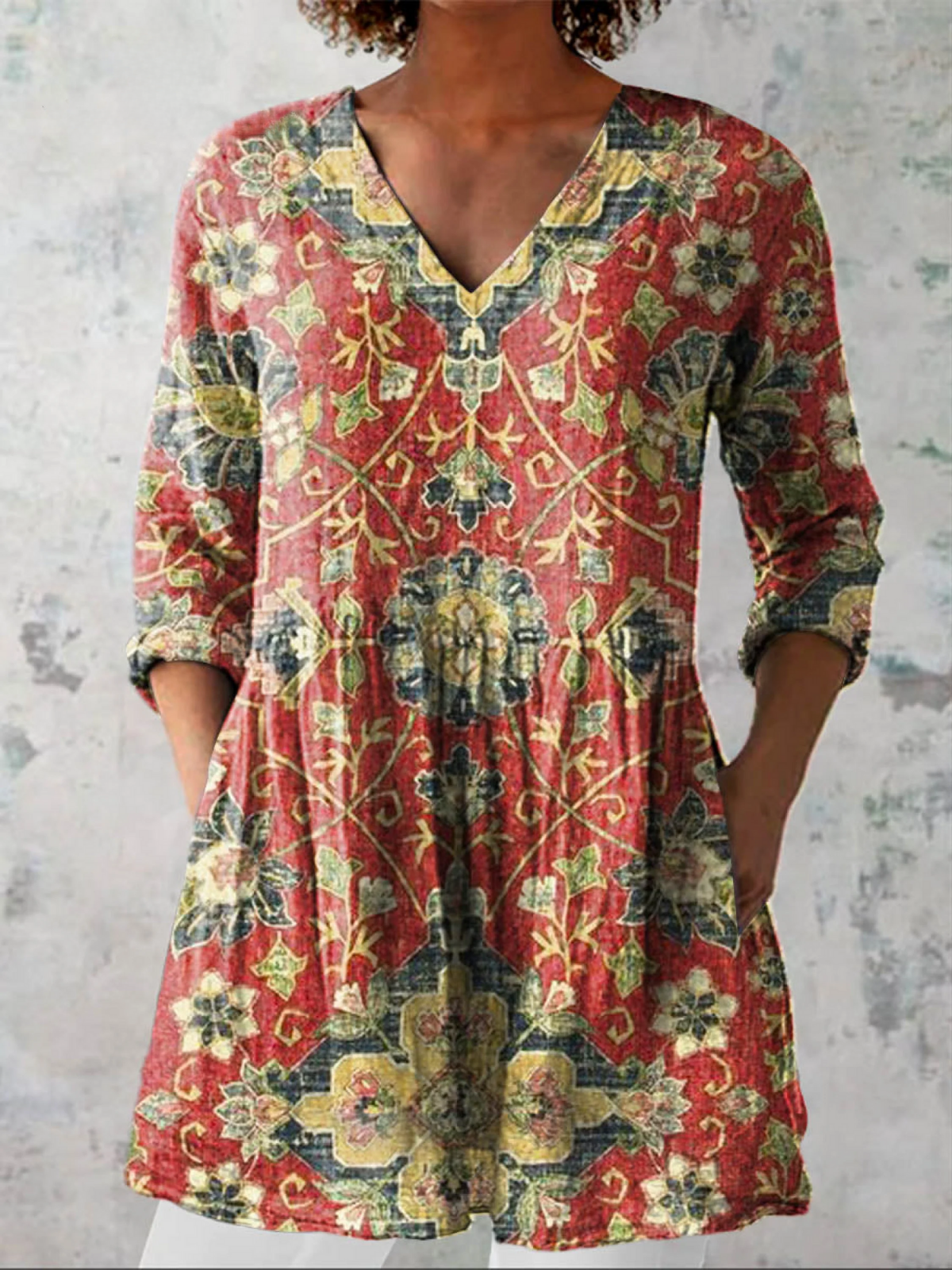 Floral Print V-Neck Long Sleeve Pocket Tunic Top