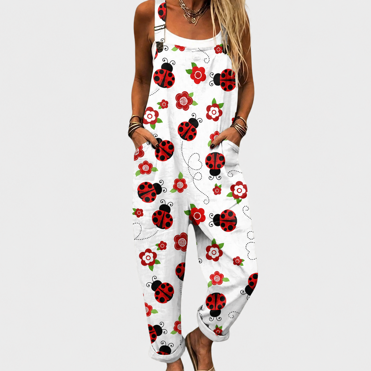 Ladybug Floral Print Pocket Strap Overall Jumpsuit