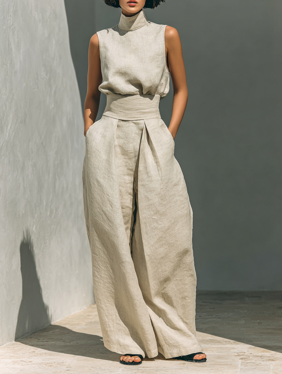 Mock Neck Sleeveless Top and Wide Leg Pants Two Piece Set 2
