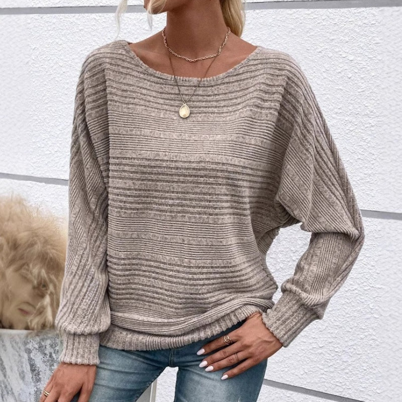 Striped Boat Neck Batwing Long Sleeve Knit Top 3