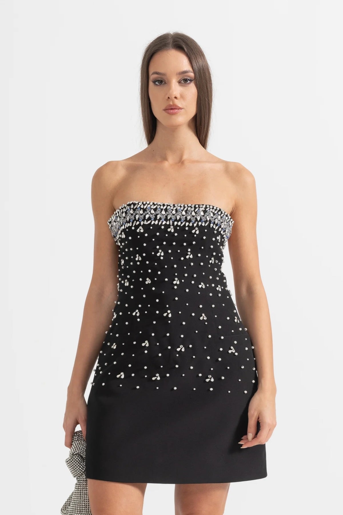 Strapless Crystal Rhinestone Trim Pearl Scatter Embellished Mini Dress