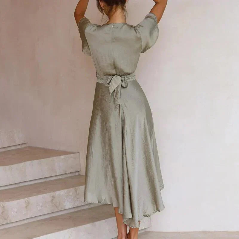Deep V-Neck Tie Front Knot Flutter Sleeve Wrap Effect Dress - View 2
