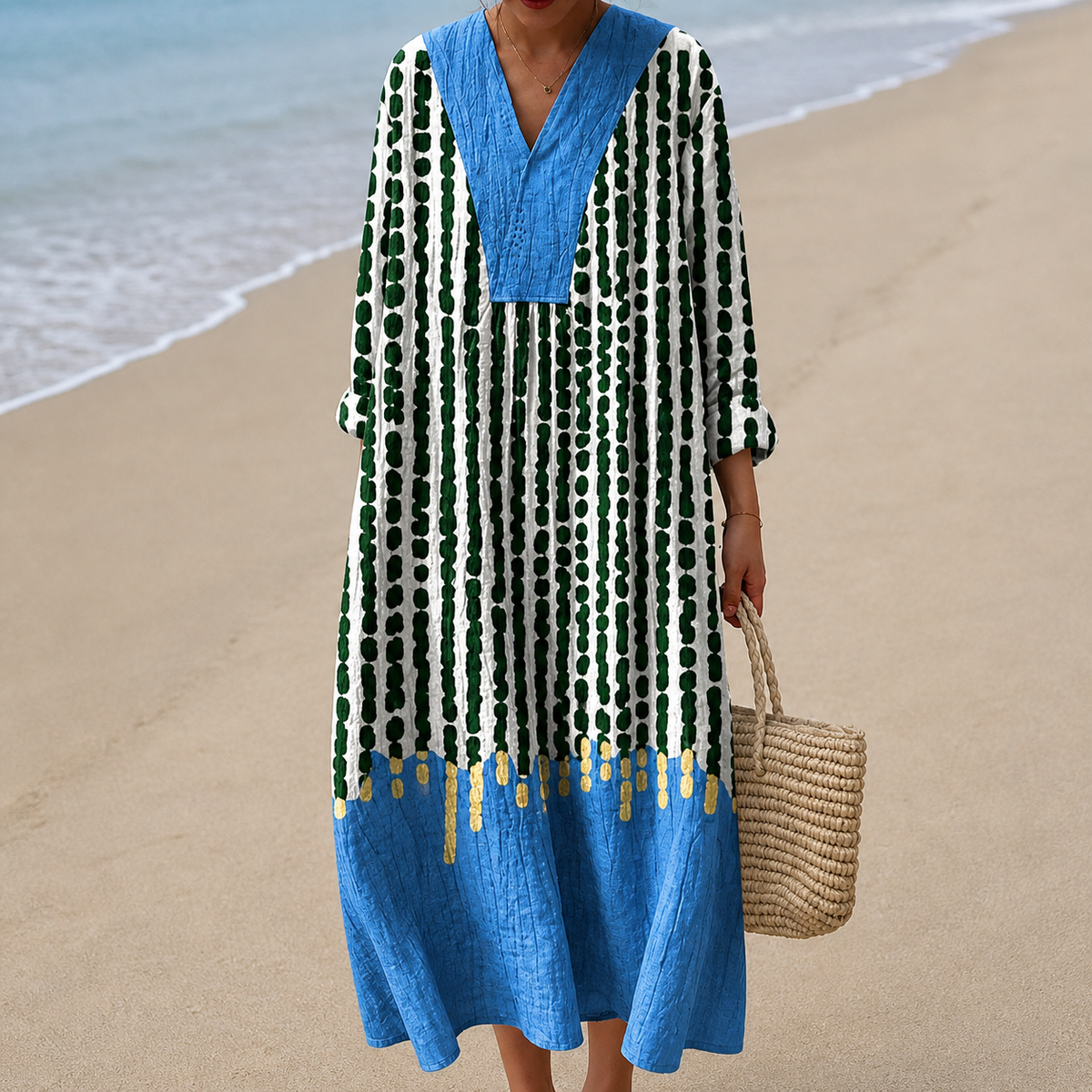 Colorblock Dot Stripe V-Neck Long Sleeve Maxi Dress