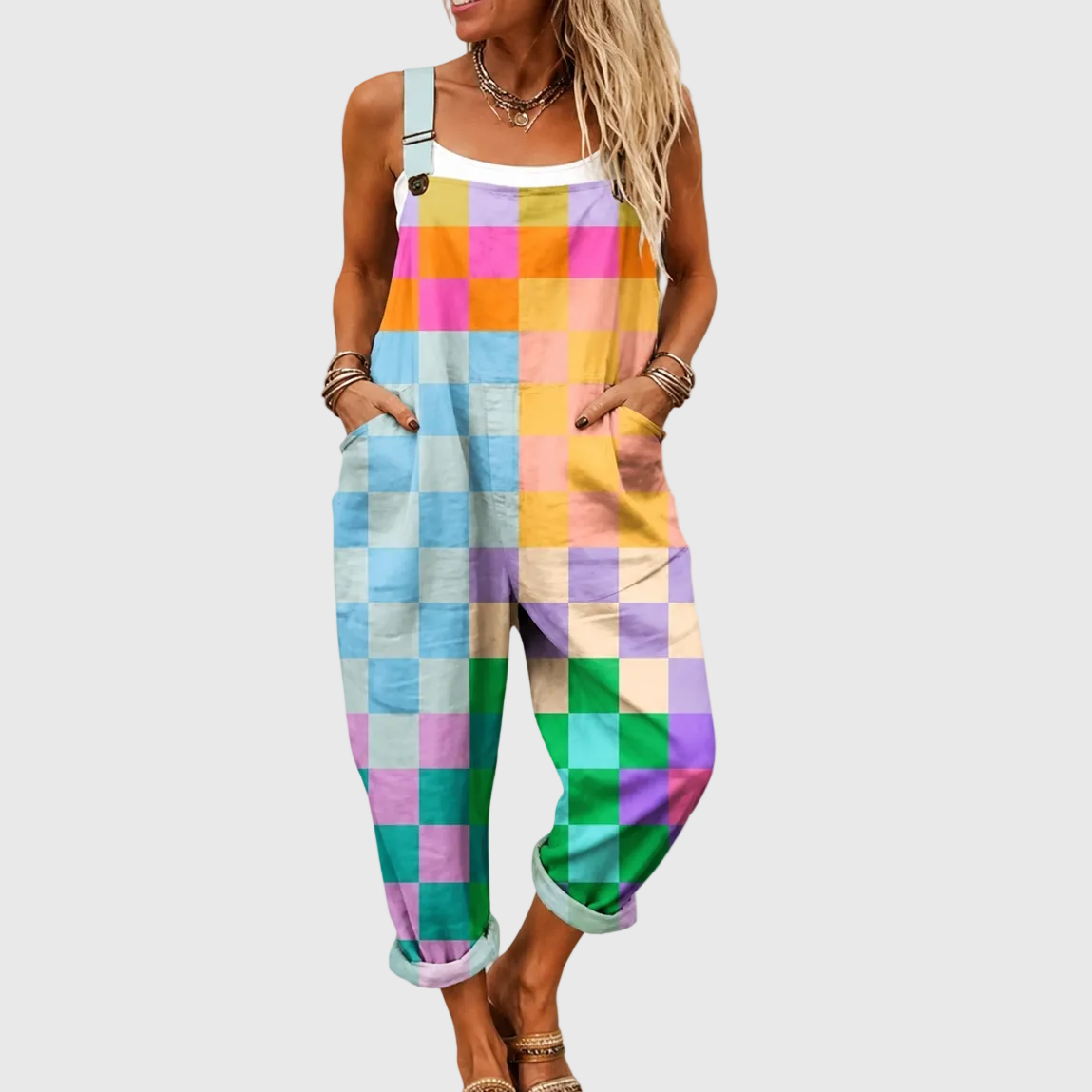 Sleeveless Checkerboard Check Pocket Overall Jumpsuit