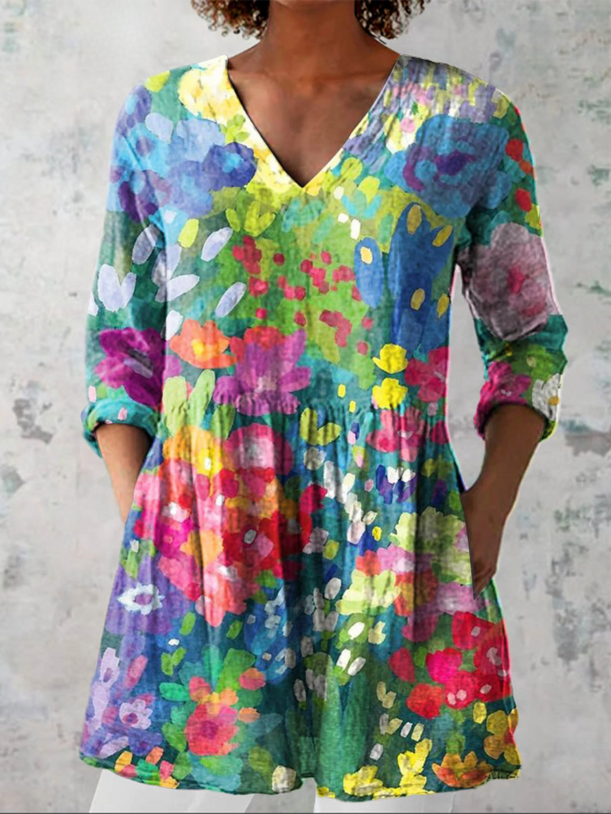Watercolor Floral V-Neck Long Sleeve Babydoll Tunic Blouse