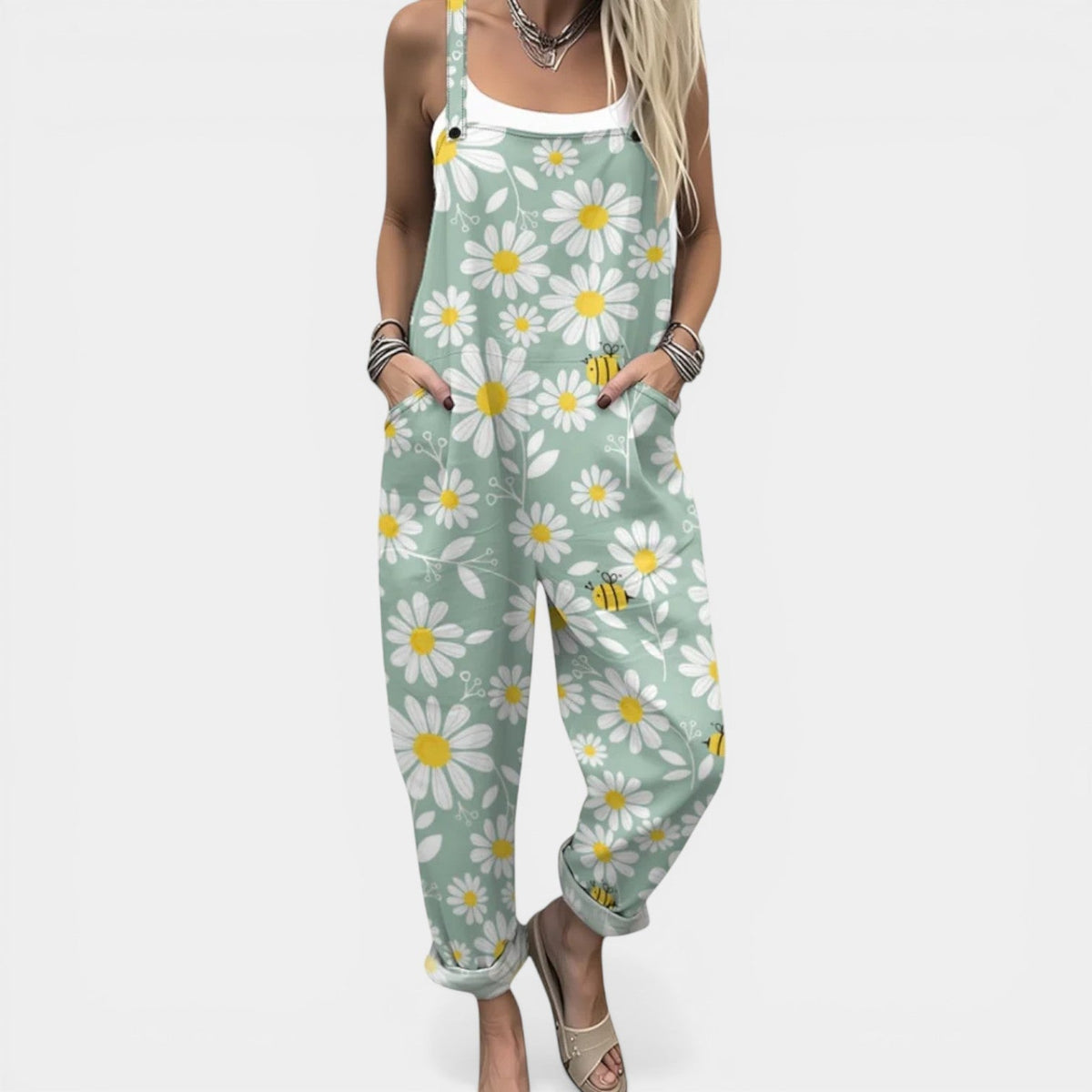 Daisy Print Sleeveless Pocket Wide Leg Overall Jumpsuit