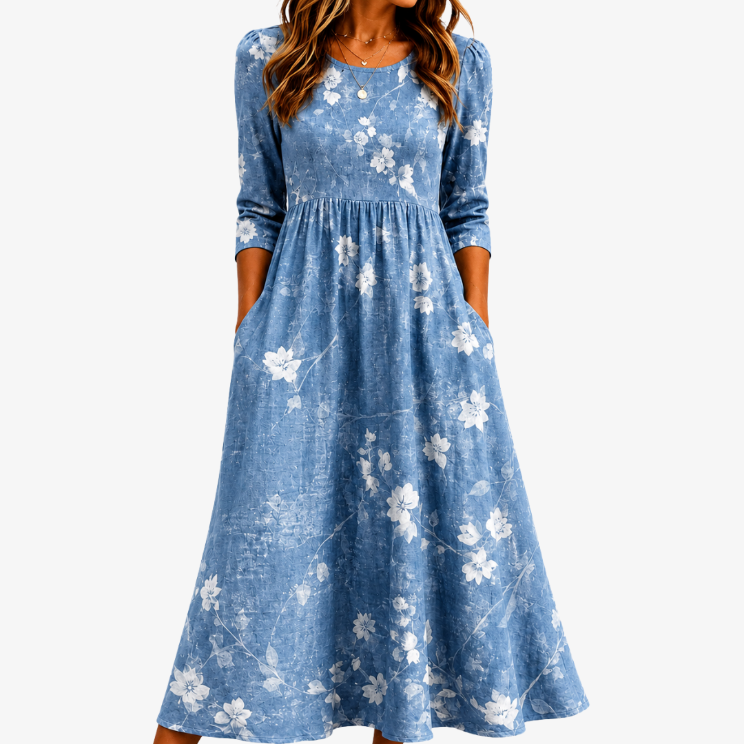 Ditsy Floral Round Neck 3/4 Sleeve Denim Look Midi Dress