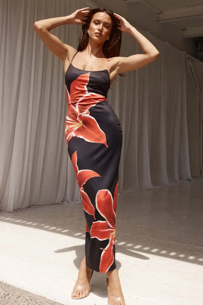 Floral Print Spaghetti Strap Square Neck Bodycon Maxi Dress - View 9