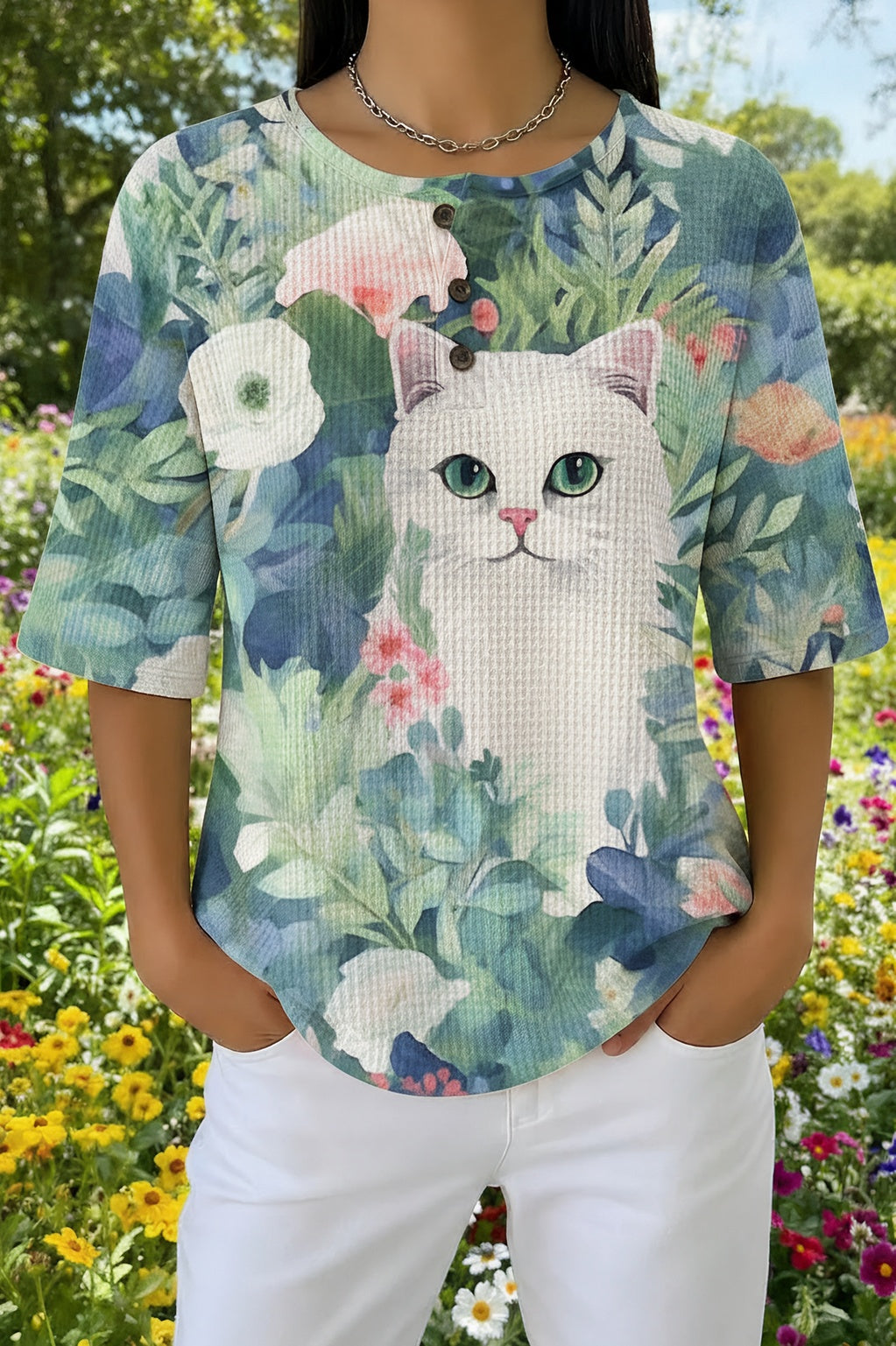 Floral Cat Print Button Placket Waffle Knit Top