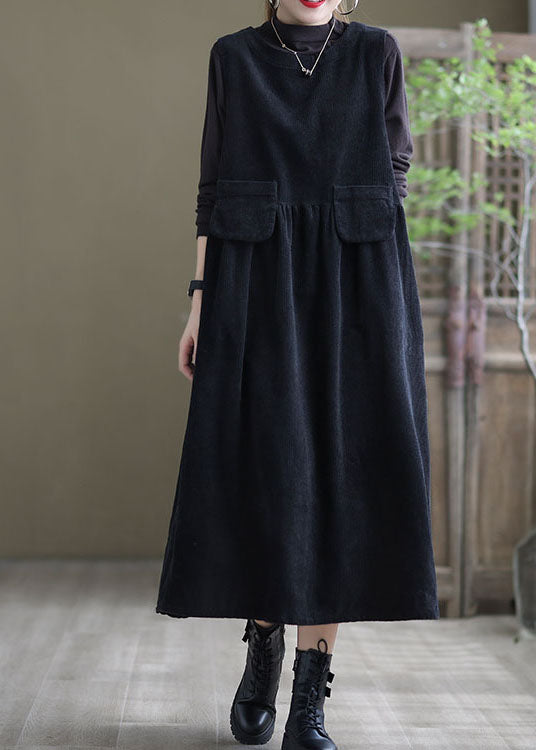 Corduroy Sleeveless Round Neck Flap Pocket A-Line Midi Dress - View 4