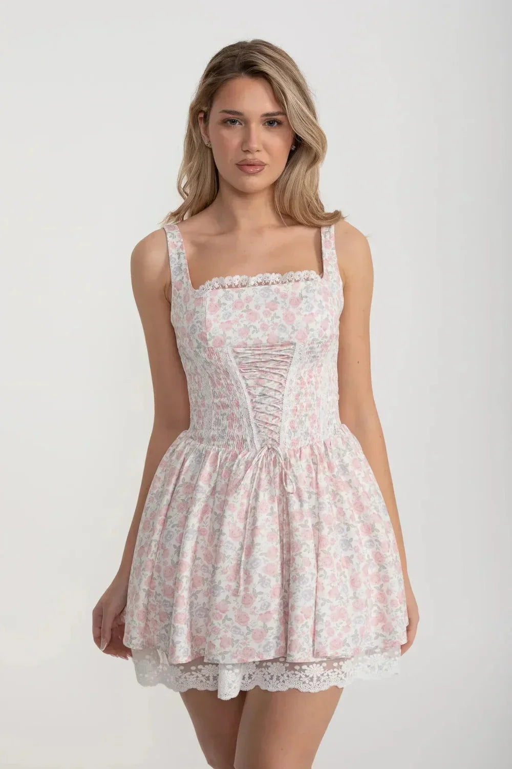 Floral Print Square Neck Lace Up Corset Lace Trim Mini Dress