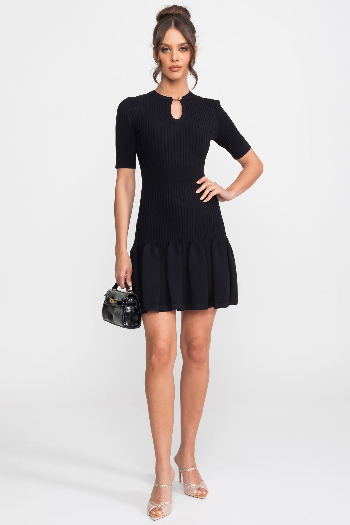 Ribbed Knit Mini Dress With Gold Button Keyhole Neckline - Black - View 2