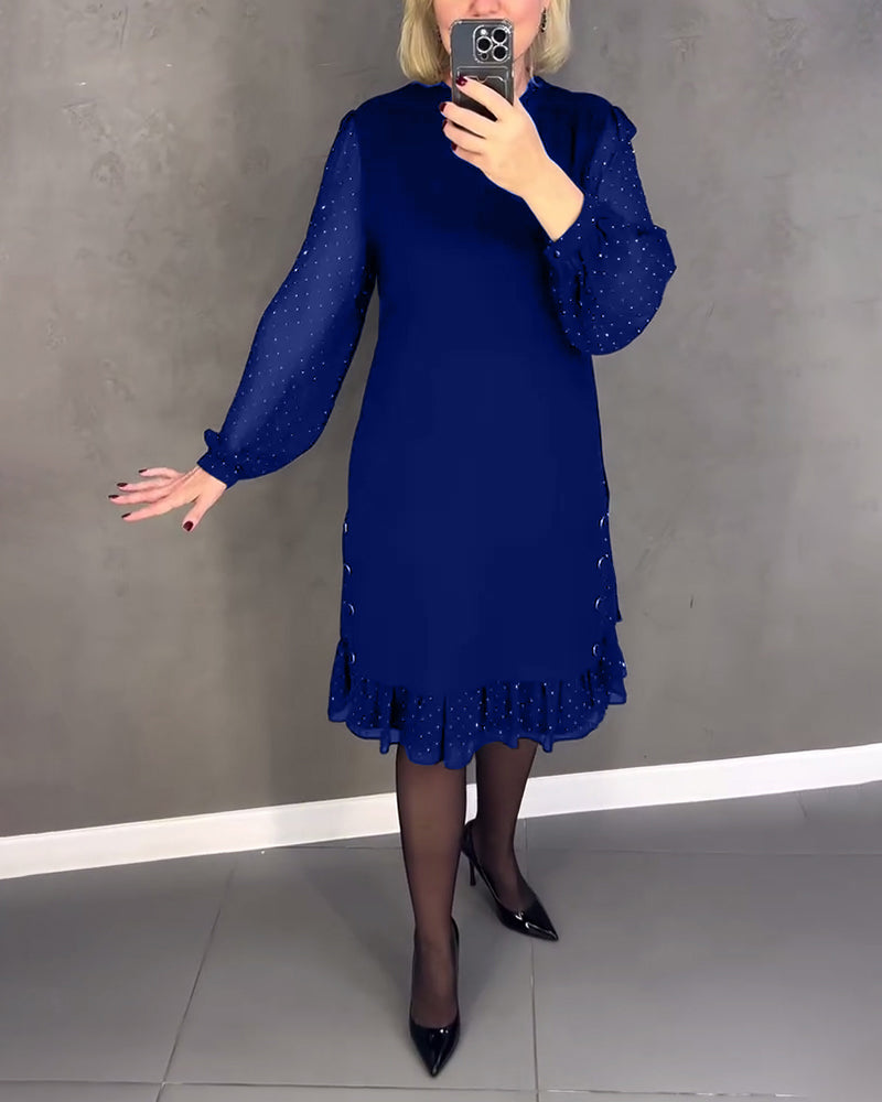 Round Neck Sheer Dot Sleeve Ruffle Hem Shift Midi Dress 12