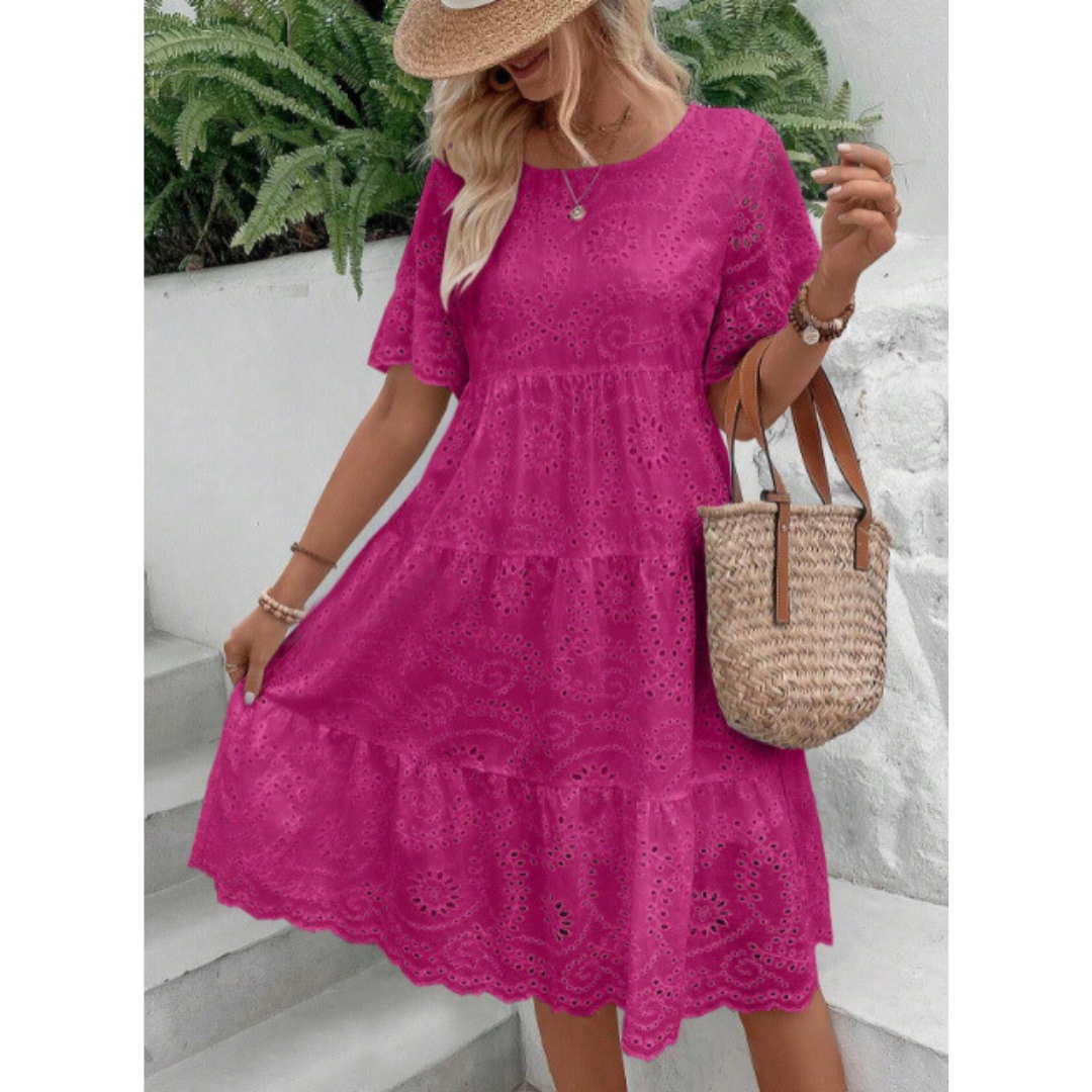 Broderie Eyelet Round Neck Flutter Sleeve Tiered Mini Dress 3