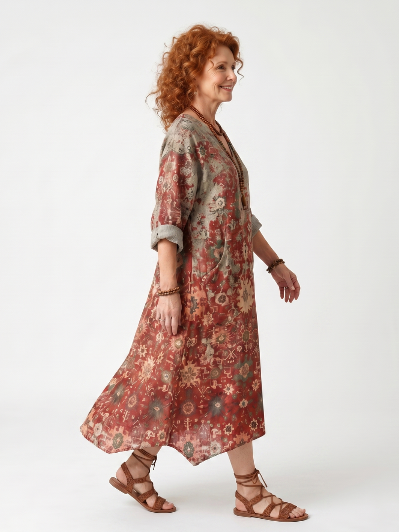 Mixed Print V-Neck Roll Sleeve Relaxed Midi Dress 2