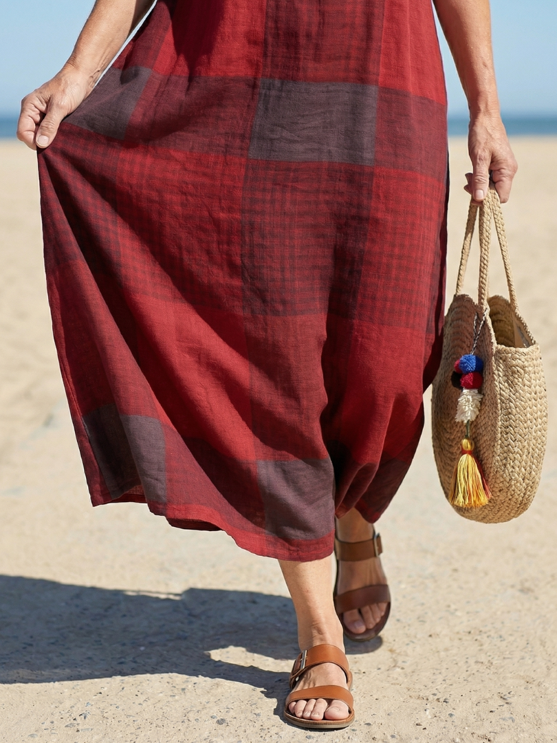 Round Neck Short Sleeve Plaid Maxi Dress 3