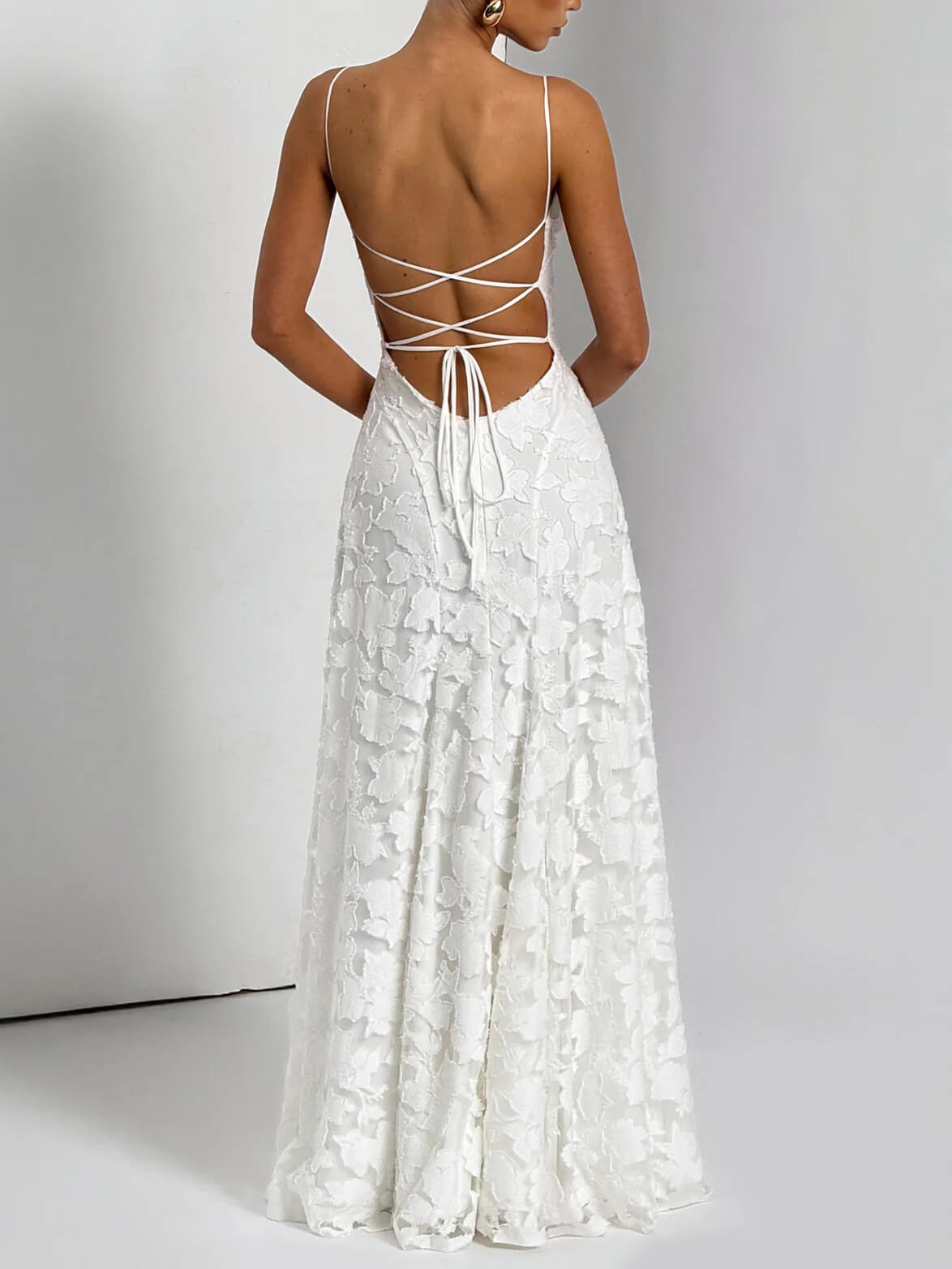 Floral Applique Spaghetti Strap Sleeveless A-Line Maxi Dress - View 4