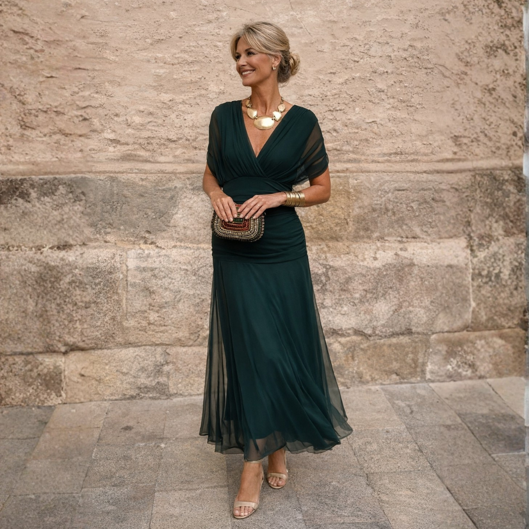Mesh Surplice V-Neck Ruched Maxi Dress