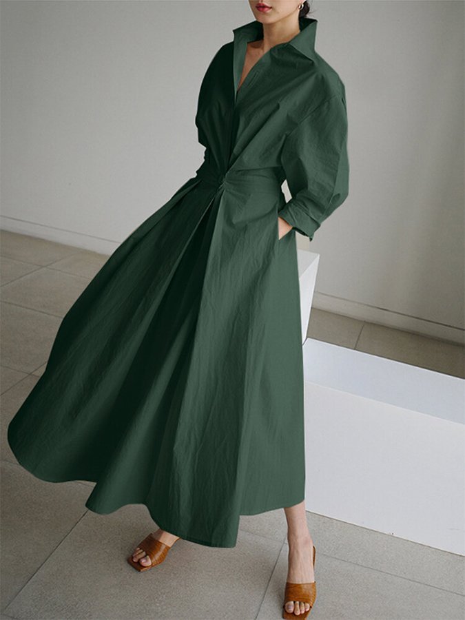 Collar Deep V-Neck Puff Sleeve Pleated Waist Pocket A-Line Midi Dress