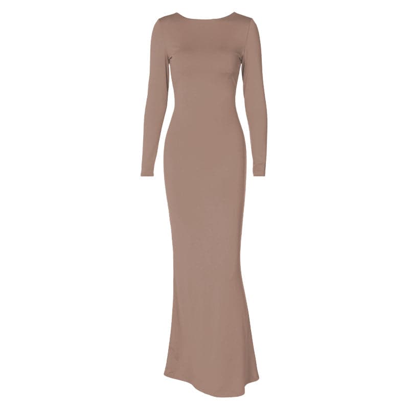 Long sleeve backless lace up ruched solid maxi dress - View 4
