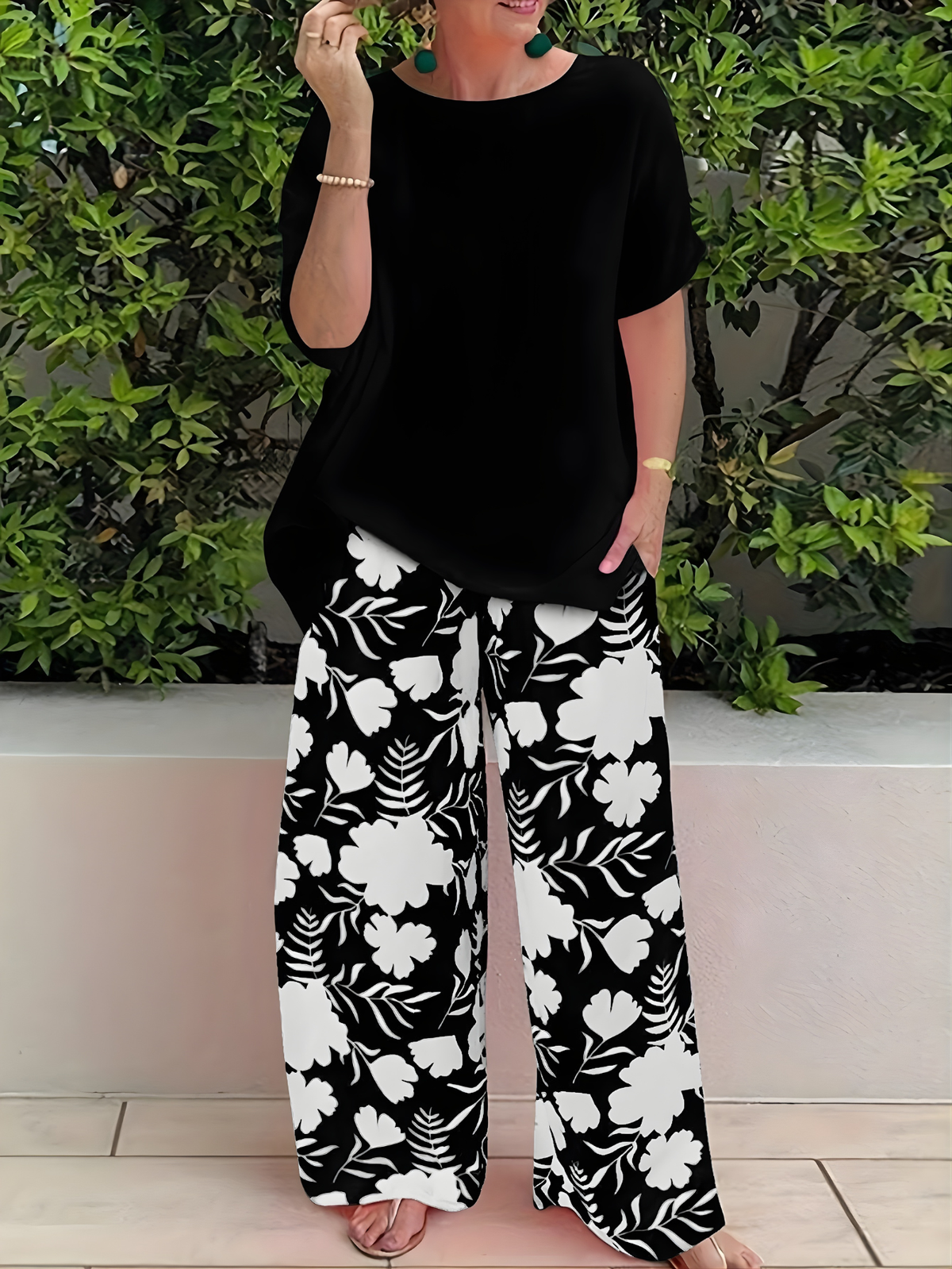 Round Neck Top and Floral Wide Leg Pants Two Piece Set 3