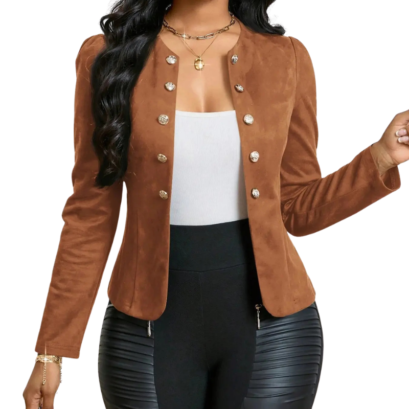 Double Breasted Button Puff Shoulder Suede Look Blazer 3