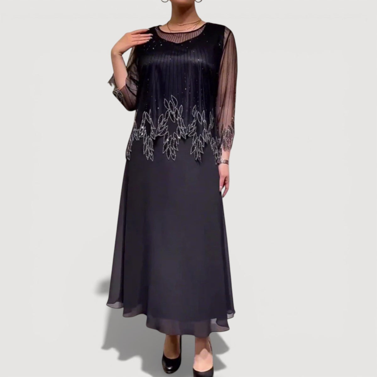 Beaded Illusion Neck Sheer Sleeve Floral Overlay Maxi Gown 2